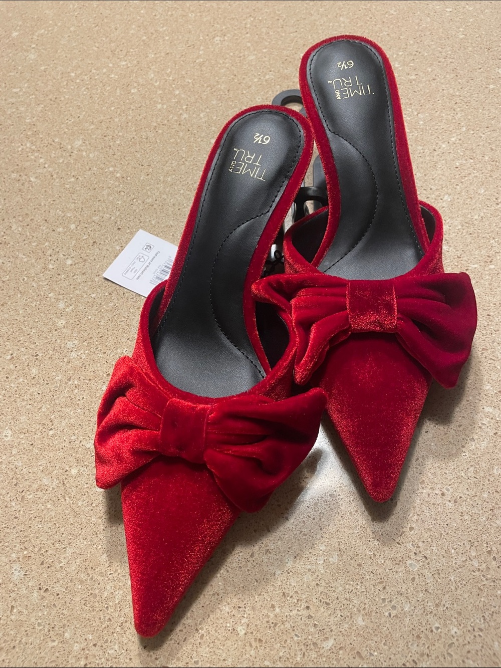 Time and Tru Red Velvet Pointed-Toe Bow Mules